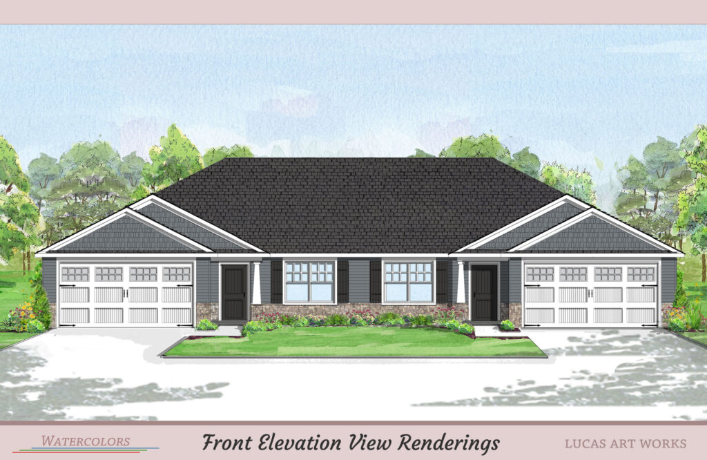 Architectural Watercolor Renderings New townhouse - front Elevation View Rendering