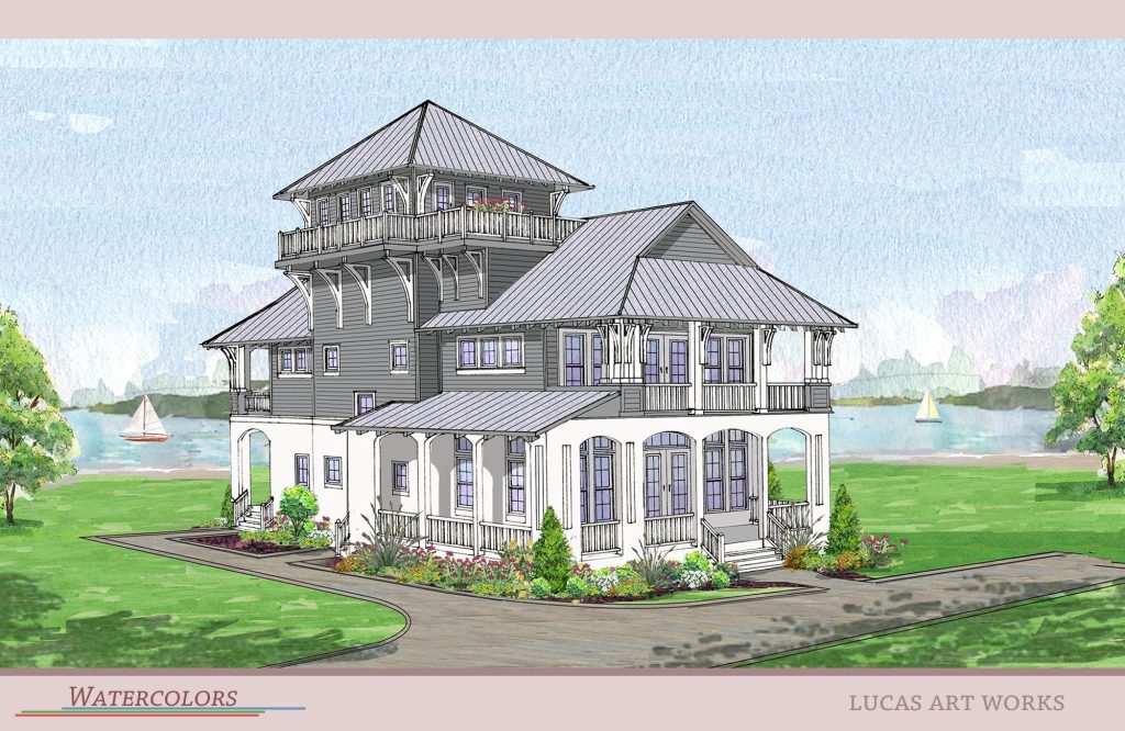 Watercolor architectural rendering of a house