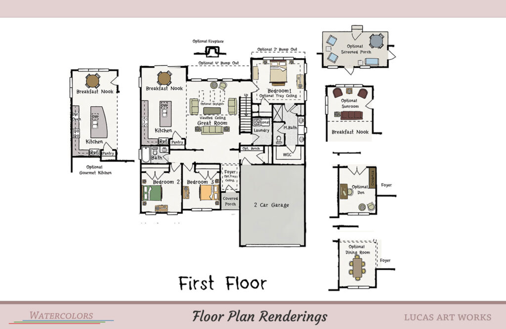 Watercolor color floor plan rendering with furniture layout