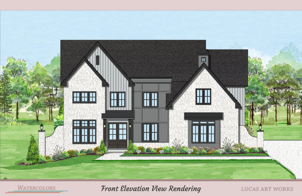 Watercolor front elevation rendering of a house from the blueprint view