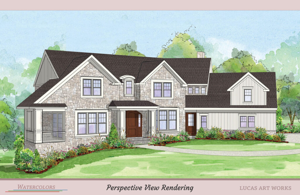 Watercolor perspective view rendering of a house from an angle