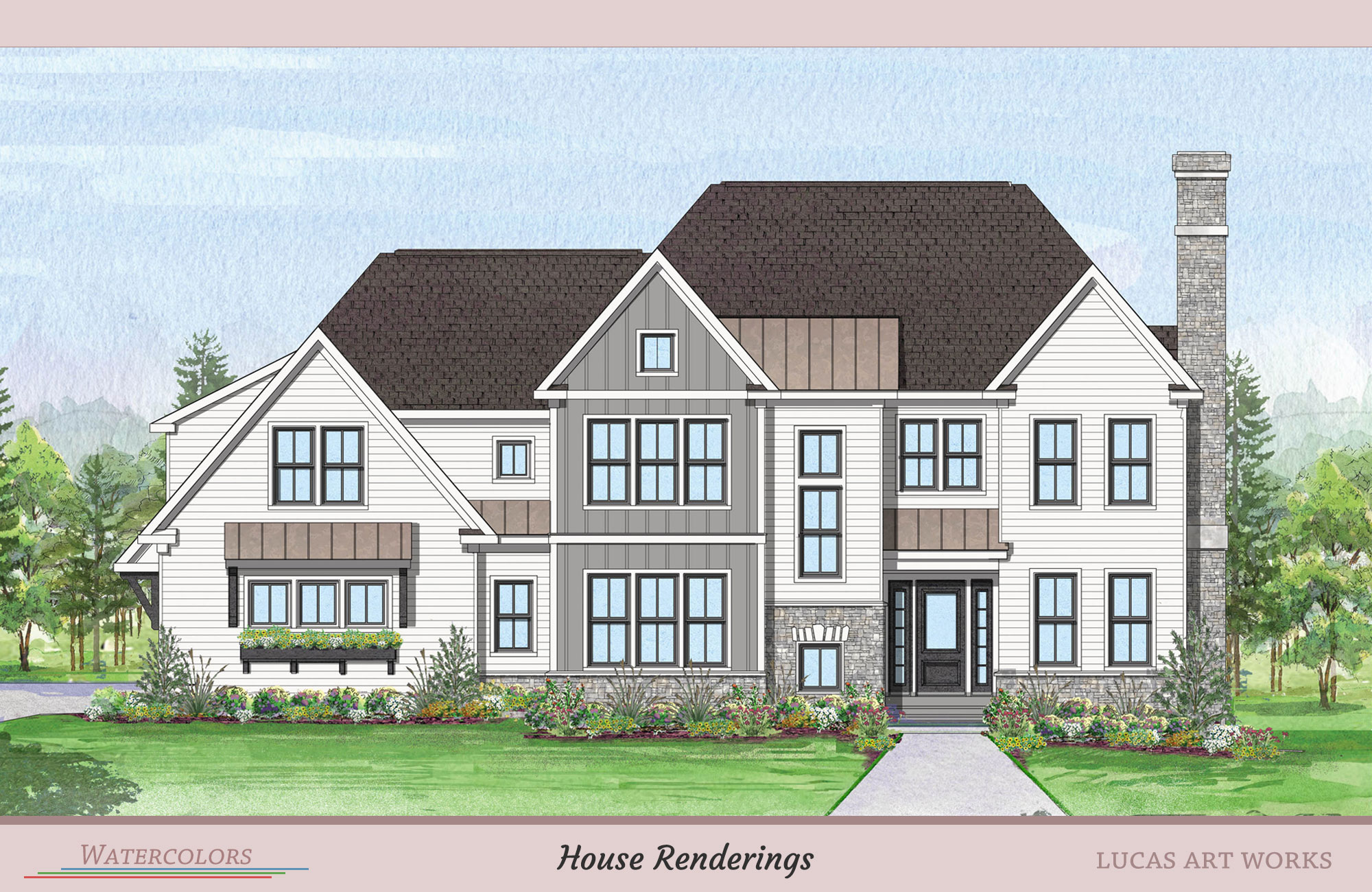 Watercolor architectural rendering of a house exterior