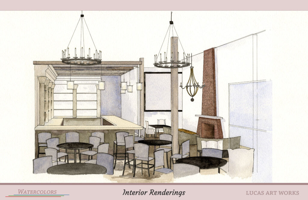 Watercolor interior rendering of a room resteruant bar with fireplace