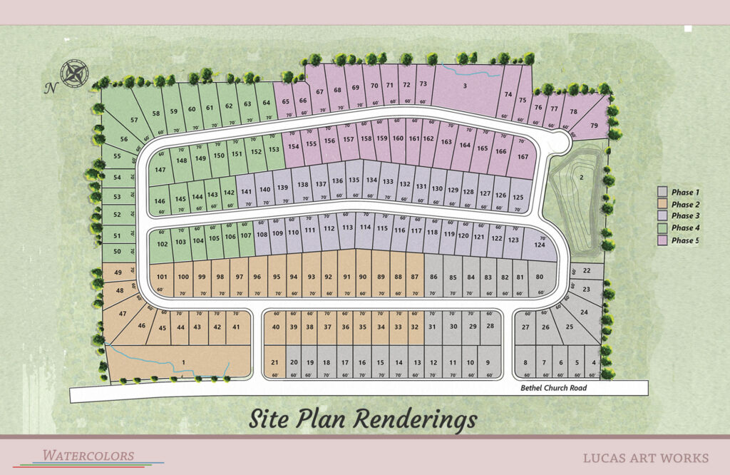 Watercolor site plan rendering of a new home development