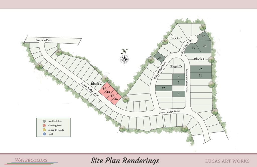Watercolor site plan rendering showing a subdivided development layout