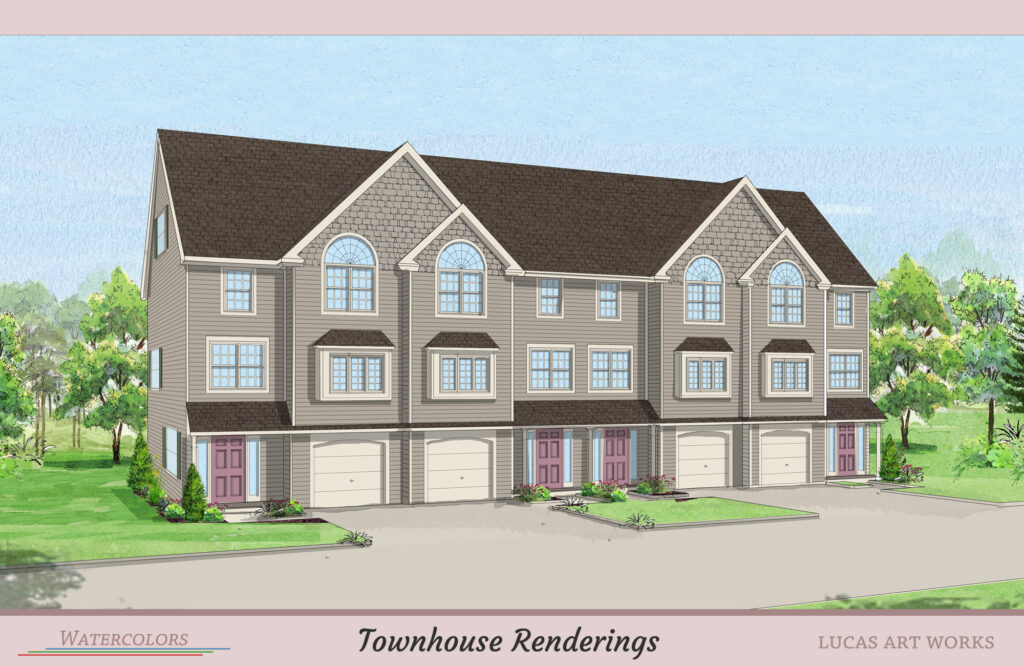 Watercolor rendering of a townhouse development