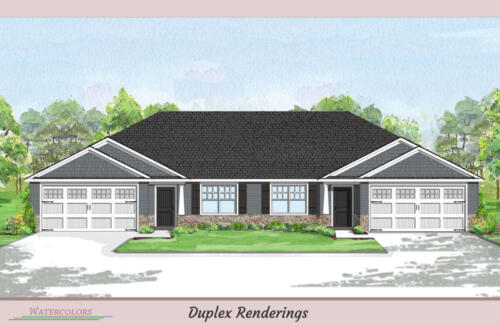 Architectural Watercolor Renderings New townhouse - Blue and white stone and siding duplex