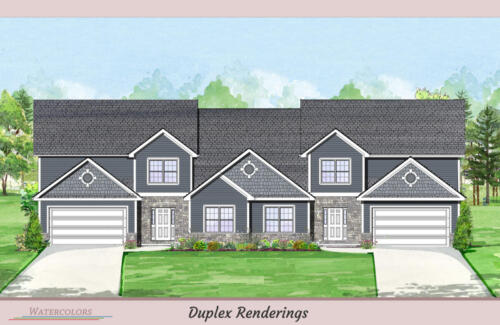 Architectural Watercolor Renderings New townhouse - Grey stone and blue siding duplex rendering